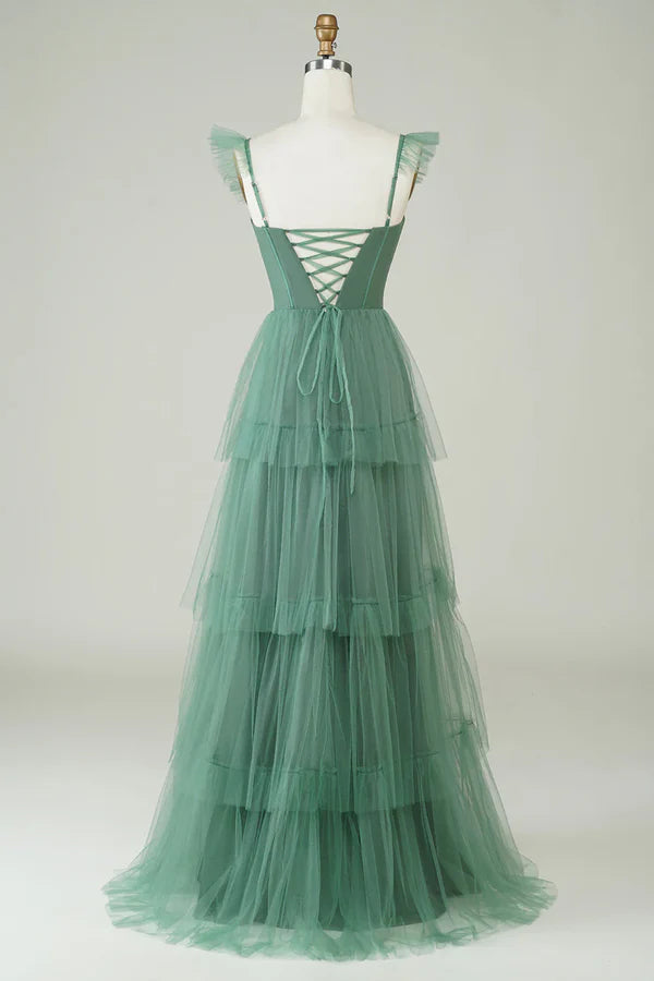 Luolandi A Line Fine Shoulder Strap Long Thin Gauze Eucalyptus Bridesmaid Dress Floor Length